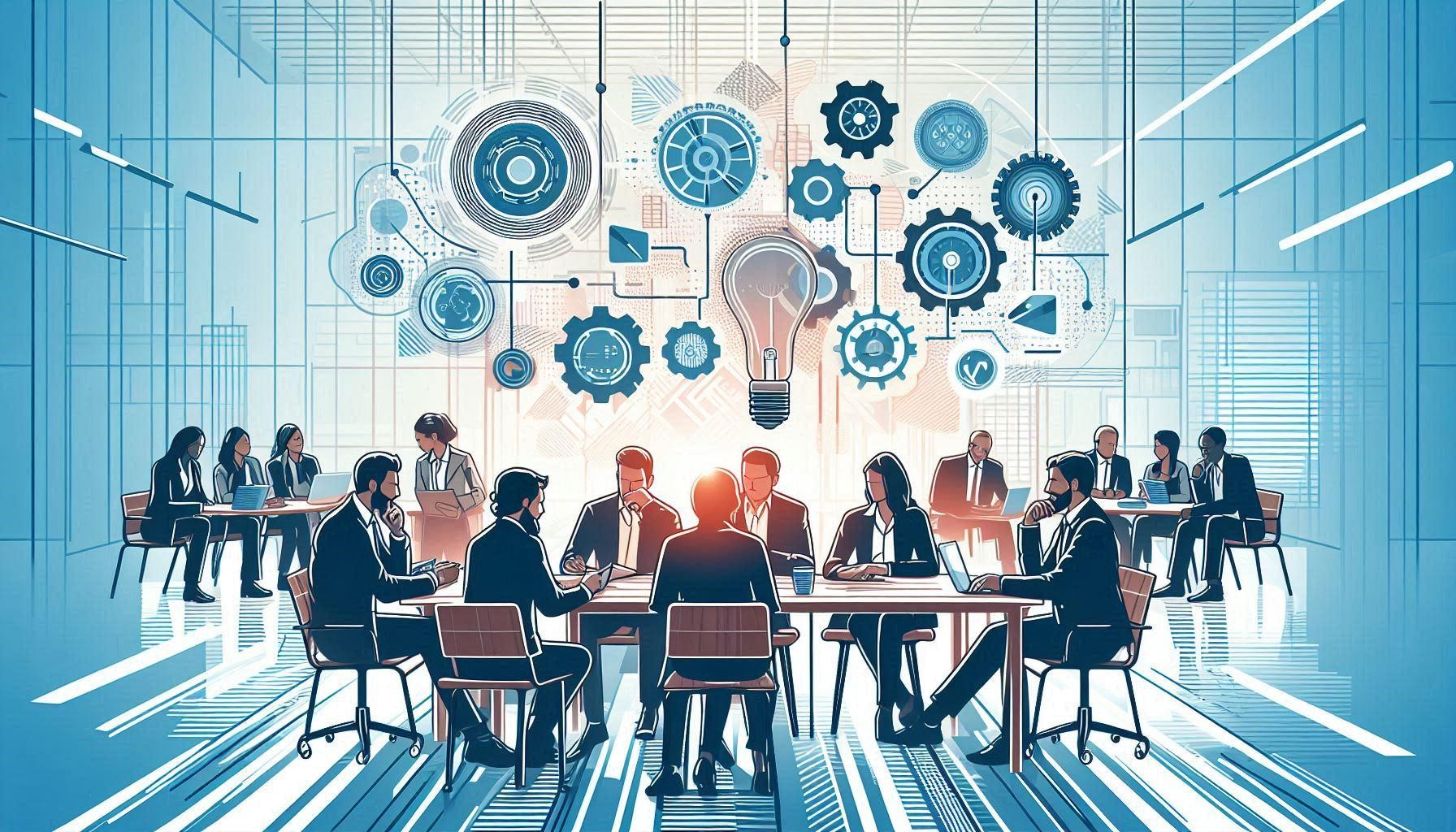 A brainstorming session illustration, with a diverse group of people discussing ideas around a table. The background could be a modern office setting.