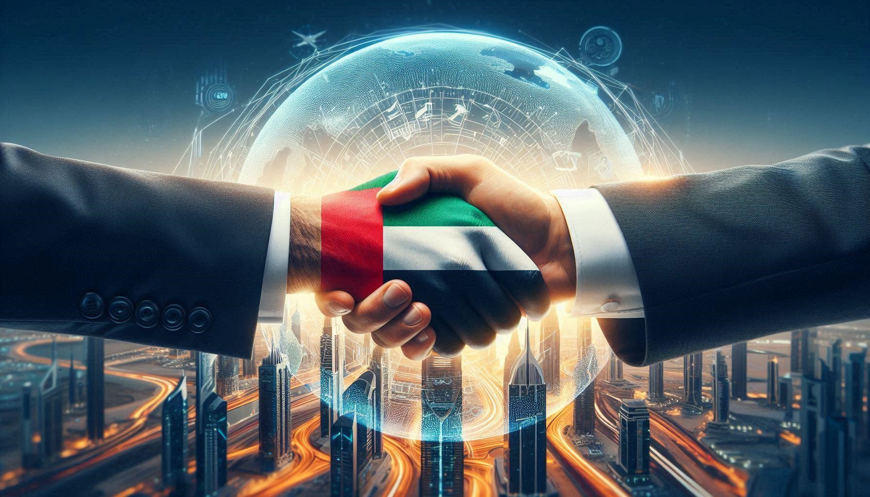 A visually striking image of a handshake between a UAE businessperson and a foreign businessman symbolizes trust and partnership. The background could be a modern cityscape of Dubai or Abu Dhabi.