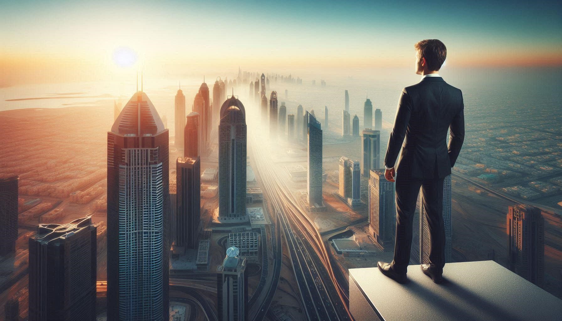 Alt text for image: Entrepreneur standing confidently at the edge of a skyscraper in Dubai, looking out over the cityscape in the morning light, symbolizing readiness for business challenges.