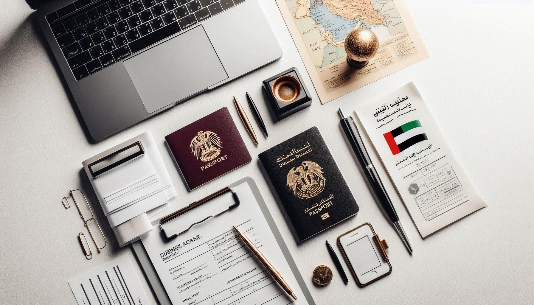 Flat-lay of essential items needed to open a business bank account in Dubai, including a passport, business plan, legal documents, and a laptop, arranged on a clean surface.