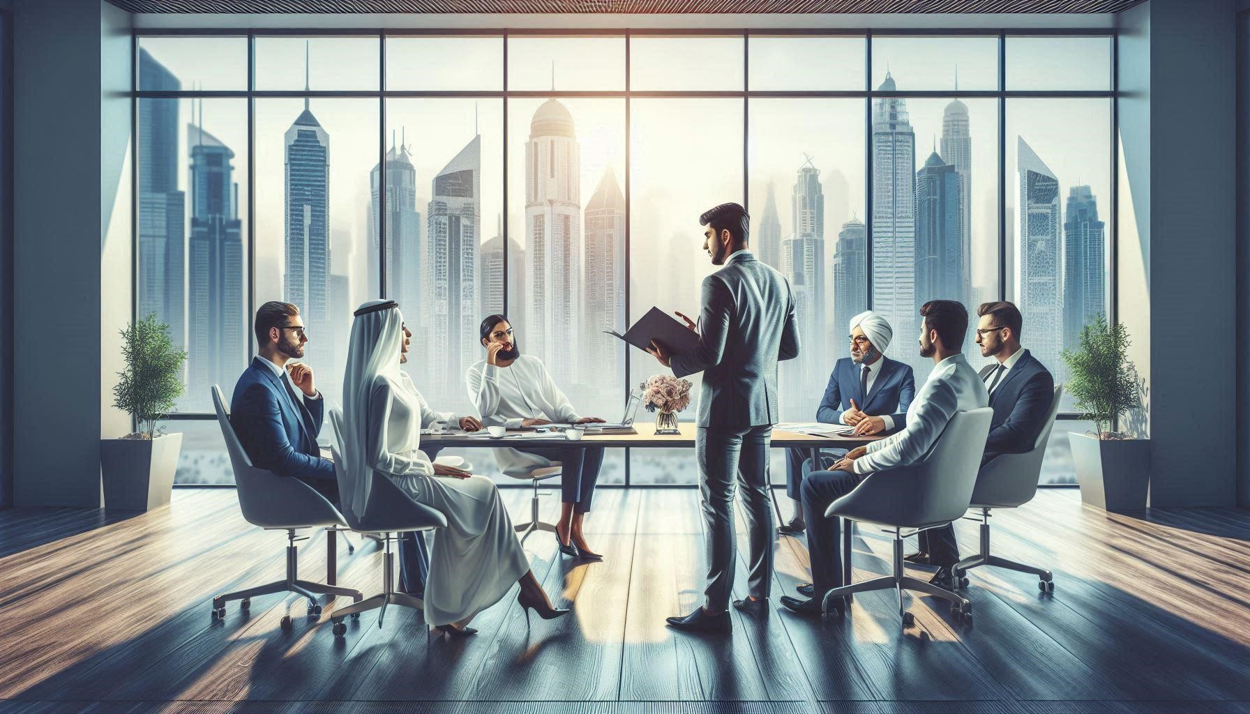 Professional team of business consultants in a modern office of AB Capital Dubai discussing financial strategies, with Dubai's skyline visible through the window.