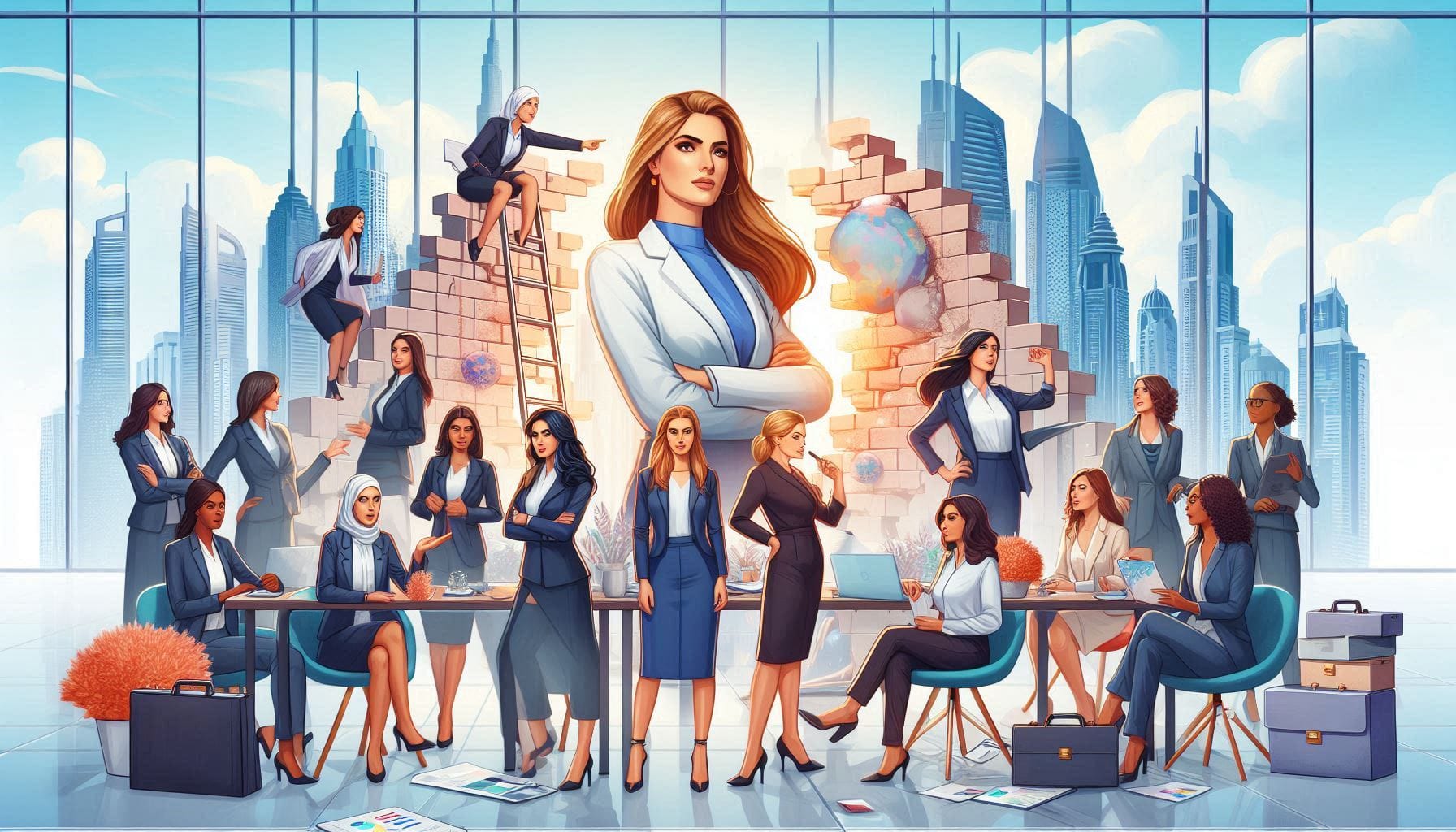 A powerful digital illustration showcasing a diverse group of determined businesswomen in Dubai overcoming obstacles and achieving success