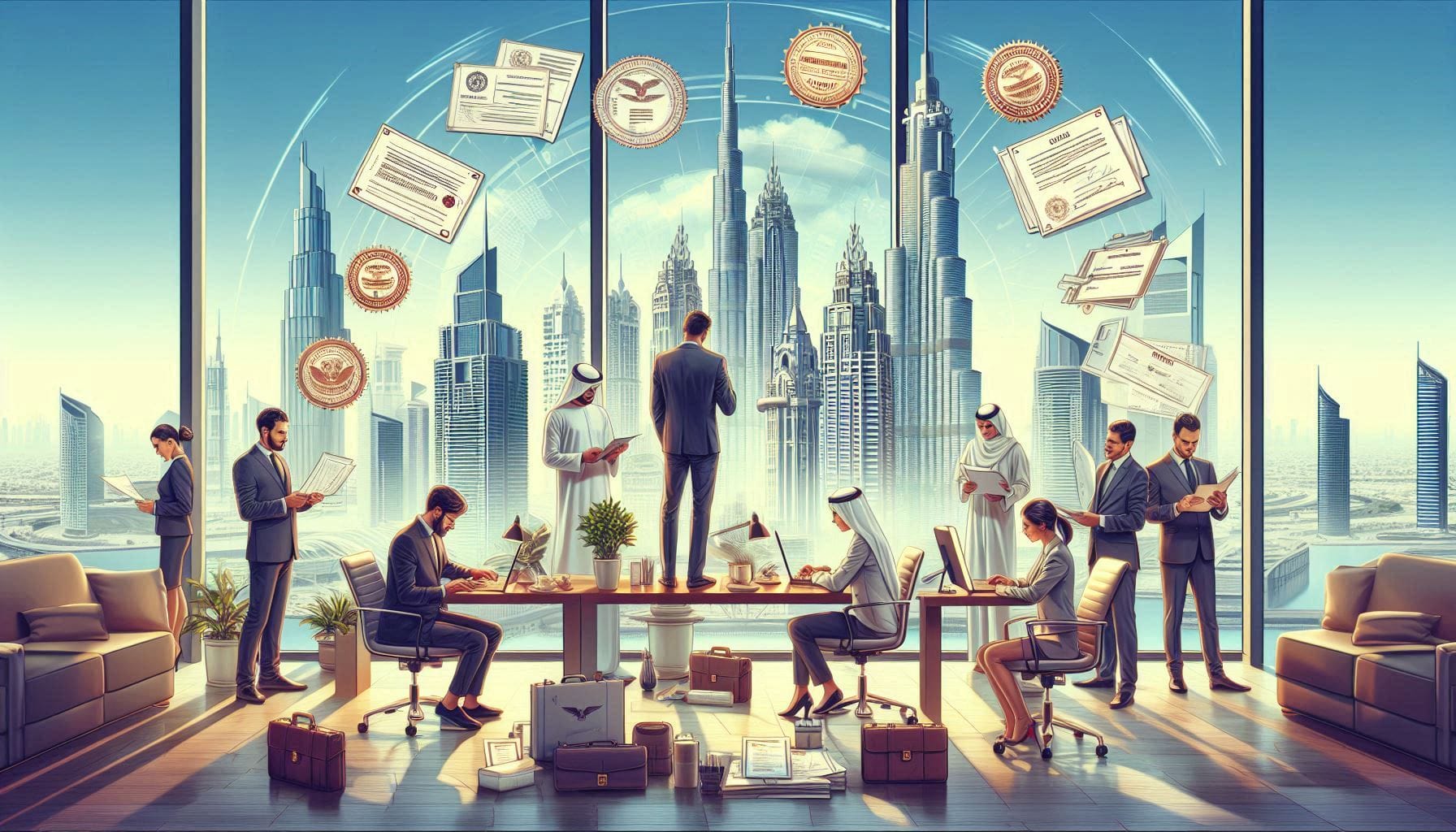 A professional digital illustration depicting multiple entrepreneurs both men and women navigating the legal process of starting a business in Dubai.