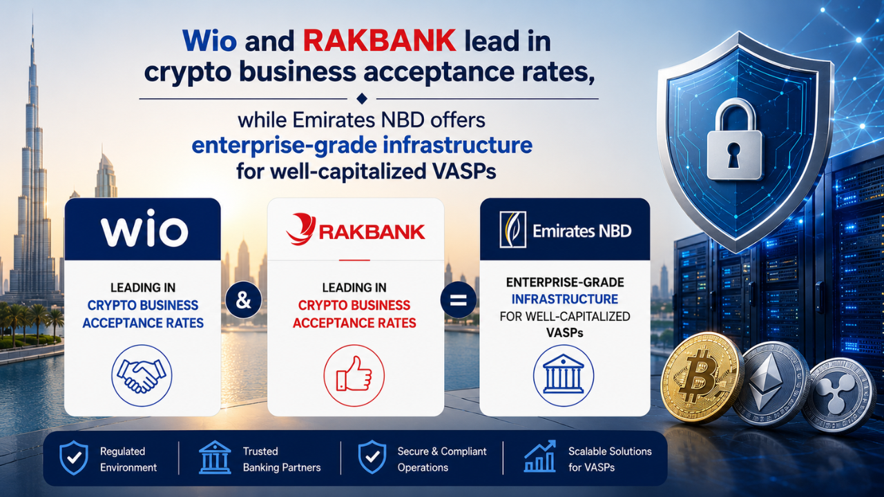 Wio and RAKBANK lead in crypto business acceptance rates while Emirates NBD offers enterprise grade infrastructure for well capitalized VASPs