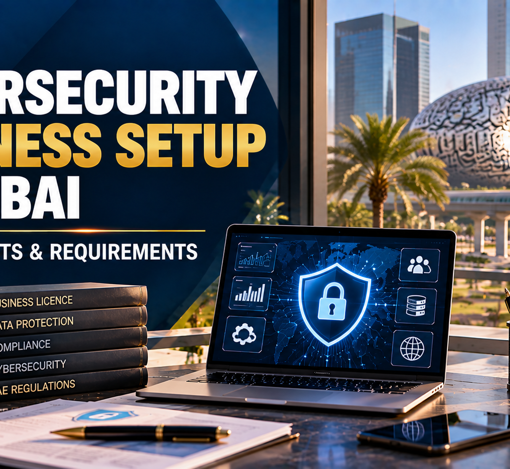 Cybersecurity Business Setup in Dubai: Licence, Costs & Requirements — Dubai office workspace with cybersecurity technology, UAE flag, compliance documents, and Museum of the Future in the background.