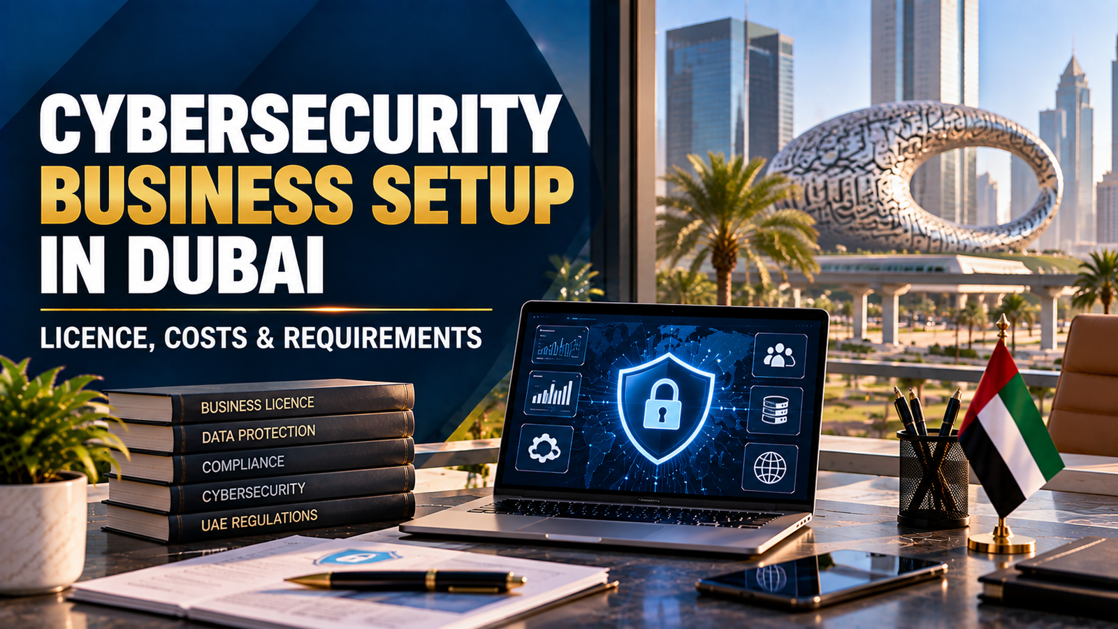 Cybersecurity Business Setup in Dubai: Licence, Costs & Requirements — Dubai office workspace with cybersecurity technology, UAE flag, compliance documents, and Museum of the Future in the background.