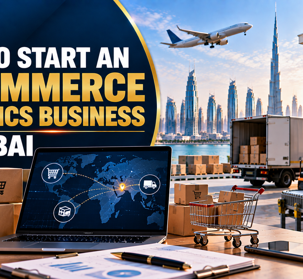 How to Start an E-Commerce Logistics Business in Dubai — modern Dubai logistics warehouse with e-commerce packages, delivery truck, conveyor system, shipping analytics laptop, and Dubai skyline.