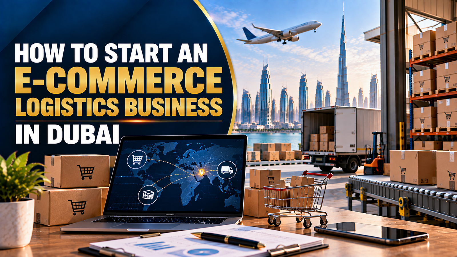 How to Start an E-Commerce Logistics Business in Dubai — modern Dubai logistics warehouse with e-commerce packages, delivery truck, conveyor system, shipping analytics laptop, and Dubai skyline.