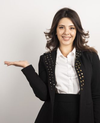 A girl in business suit smiling